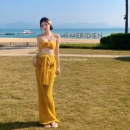 2025新款 泳衣女小胸抹胸純欲泰國姜黃色性感長裙鏤空山茶花比基尼