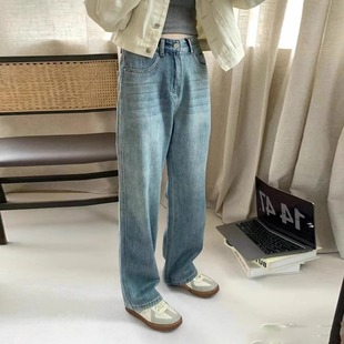 新款 專柜淺藍(lán)色窄版 薄款 女2025年春夏季 小個(gè)子寬松直筒 闊腿牛仔褲