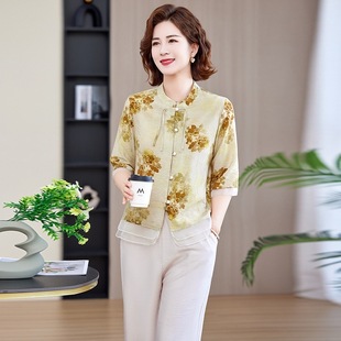2025夏季 新款 新中式 專柜夏款 短袖 套裝 國風中式 中老年女兩件 媽媽裝