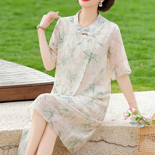 連衣裙中老年女長裙旗袍裙時尚 專柜2025新款 新中式 夏裝 印花 媽媽裝
