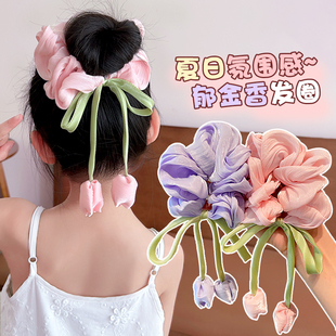 兒童郁金香花朵大腸發圈2025新款 女童丸子頭發繩韓系飄帶頭繩發飾