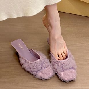 超爽外穿貓跟涼鞋 2025新款 女 女春夏季 超火氣質方頭網紗半拖半拖鞋