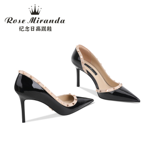 玫瑰米蘭達RoseMiranda紀念日高跟鞋 女 黑色鉚釘側(cè)空細跟尖頭單鞋