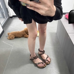 外穿 女復古一字扣帶百搭羅馬沙灘鞋 牛皮版 厚底夾趾編織勃肯涼鞋