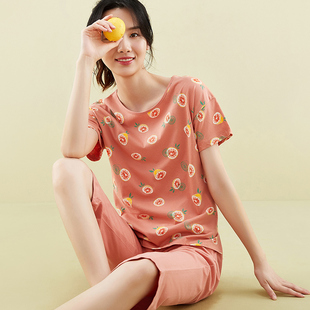 短袖 寬松純棉女家居服套裝 頂瓜瓜睡衣夏天薄款 七分褲 清倉特價