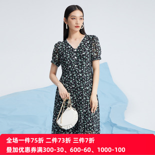 雪紡裙A字裙收腰裙 中長款 楊門V領短袖 連衣裙格林系碎花裙泡泡袖