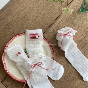 女童中筒襪夏季 花邊蝴蝶結兒童堆堆襪韓系寶寶網眼無骨長筒襪 薄款
