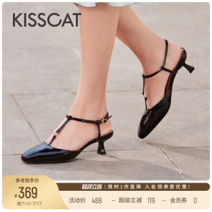 黑色涼鞋 KISSCAT接吻貓氣質T字帶瑪麗珍鞋 法式 空鞋 女 高級時尚