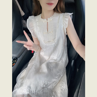 減齡長裙 白色溫柔風小飛袖 高級感新中式 重工提花刺繡連衣裙女夏季