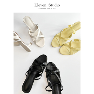 Eleven‘shoes 女中跟 4CM 交叉帶細跟真皮露趾涼拖鞋 蘇打 法式
