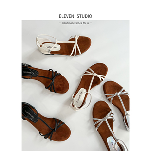 Eleven‘shoes 女夏季 2CM 真皮露趾簡約平底涼鞋 浪漫假日 法式