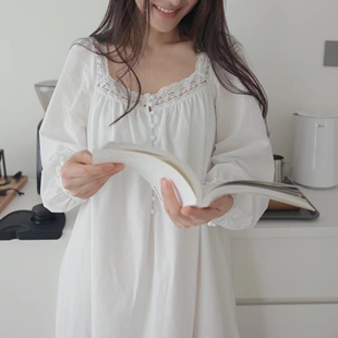 宮廷花邊加長睡裙睡衣家居服睡衣女 public純棉簡約法式 public