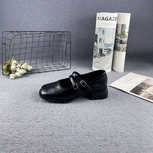 學院風軟皮面雙扣瑪麗珍鞋 專柜斷碼 鞋 方頭淺口粗跟單鞋 女 春秋新款