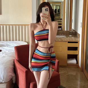 大漁 分體三件套高腰顯瘦泳衣女 純欲高級感條紋針織比基尼裙式