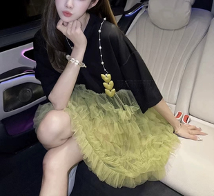 氣質設計蕾絲花邊拼接白色短袖 2025夏季 時尚 韓版 T恤連衣裙女 新款