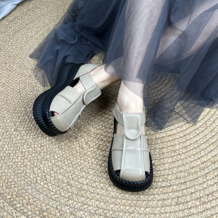 女 厚底松糕魔術貼編織鏤空包頭魔術貼涼鞋 藝鞜2025年夏季 新款