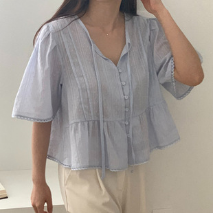 韓國chic 提花襯衫 夏日寬松 短袖 女復古 花邊 現貨