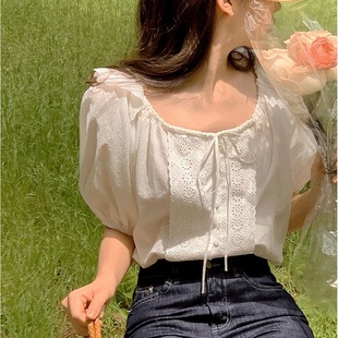 新款 襯衫 法式 寬松短袖 甜美花邊拼接方領(lǐng)系帶泡泡袖 韓國chic夏季