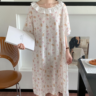 夏新款 睡裙蕾絲花邊家居服可外穿輕薄 圓領甜美可愛卡通睡衣女薄款