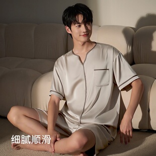 夏天薄款 家居服套裝 桑蠶絲短袖 真絲套頭大碼 夏季 維多利亞睡衣男士