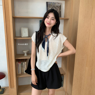 MSTUDIO漫莎 刊時髦感絲巾設計通勤氣質極簡輕薄冰絲針織寬松小衫
