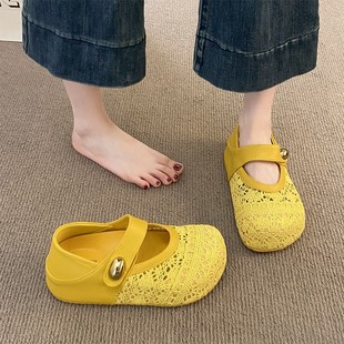 兩穿涼鞋 2025新款 女夏外穿魔術貼瑪麗珍鞋 復古黃厚底編織透氣單鞋