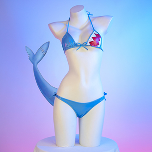 鯊魚娘二次元 皮革印花綁帶家居服睡衣動漫 比基尼內衣