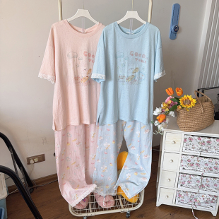 女夏薄款 睡衣套裝 舒適甜美少女花邊可外穿家居服 長(zhǎng)褲 MISSJUJU短袖