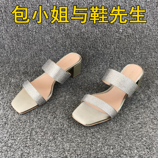 一字拖舒適粗跟歐美風氣質女鞋 專柜撤柜斷碼 方頭外穿時尚 新款 夏季