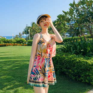 平角顯瘦遮肚游泳衣女大小胸鋼托聚攏溫泉 分體裙式 加大碼 情侶新款