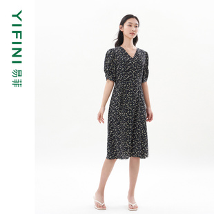 易菲短袖 Yifini V領(lǐng)碎花印花真絲100%桑蠶絲連衣裙夏新 專柜同款