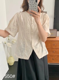 圓領氣質小衫 重工刺繡娃娃衫 顯瘦韓版 新款 國風短上衣女 女2025夏季