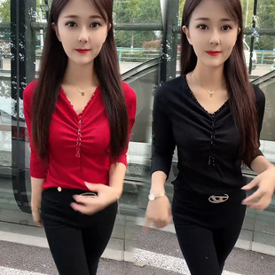 氣質顯瘦設計感V領百搭女小衫 2025年秋季 韓版 T恤衫 串珠打底潮 新款
