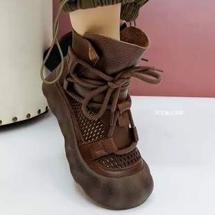 洞洞鞋 牛皮羅馬涼鞋 真皮包頭厚底鏤空女鞋 新款 透氣涼靴 女2025夏季
