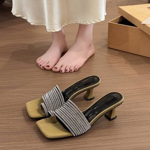 2025夏季 外穿仙女鞋 新款 休閑一字拖鞋 方頭粗跟配裙子 法式 網紅爆款