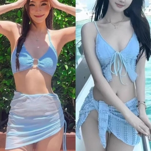 天藍色比基尼三件套新款 泳衣女包臀性感大小胸海邊度假泡溫泉泳裝