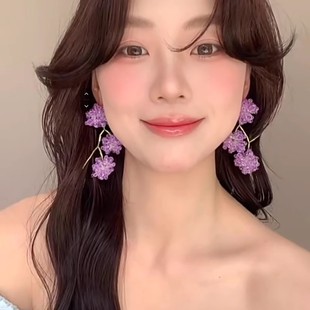 小紅書博主法式 浪漫紫水晶花朵串珠耳環女小眾設計氣質度假風耳飾