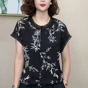 2025夏季 雪紡衫 時尚 百搭洋氣休閑小衫 上衣女 減齡女裝 薄款 印花短袖