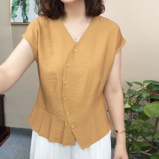女氣質百搭寬松顯瘦減齡純色小衫 高級感時髦V領襯衫 上衣 新款 夏季