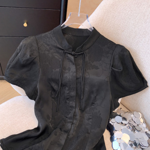 女士裝 襯衫 夏季 新款 收腰洋0714u 新中式 氣質黑色小衫 國風提花短袖