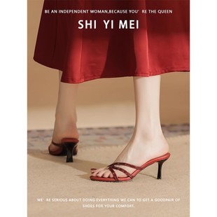簡約百搭氣質外穿配裙子細跟夾趾拖鞋 新款 女2025夏季 紅色高跟涼鞋