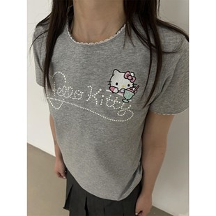 修身 美式 甜酷kitt貓釘珠短款 t恤女夏季 顯瘦上衣 辣妹蕾絲花邊短袖