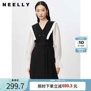 NEELLY納儷商場同款 氣質木耳邊連衣裙女雙排扣收腰A字裙中長款