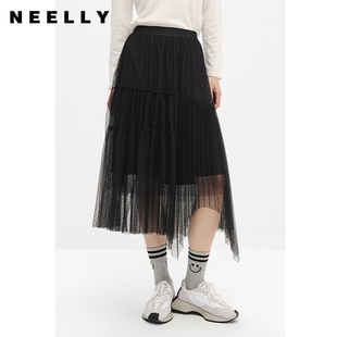 NEELLY納儷商場同款 網(wǎng)紗A字裙百搭顯瘦 黑色半身裙女不規(guī)則中長款