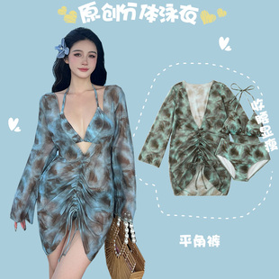 純欲風(fēng)遮肚顯瘦泳衣女 罩衫 大碼 胖mm度假比基尼性感三件套分體長袖