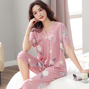 套裝 中年媽媽睡衣女夏季 寬松加大碼 家居服夏天薄款 莫代爾綿綢短袖