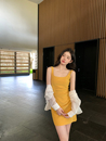 alex 裙子 stevens肯豆方領褶皺收腰吊帶連衣裙性感包臀裙女春夏季