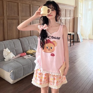 睡衣套裝 背心短褲 女甜美花邊卡通外穿家居服 Aimar小熊家夏季 Gill