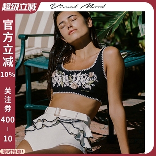 visual mood分體泳衣復古盤花刺繡U領高低腰黑白泡溫泉度假比基尼