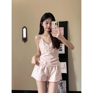 家居服套裝 辣妹背心短褲 外穿 新款 少女甜美粉色吊帶睡衣女夏款
